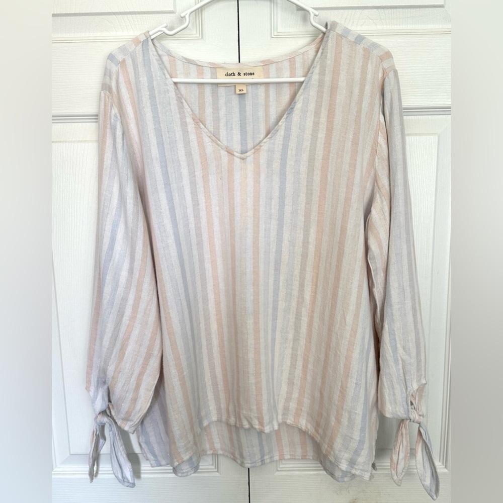 Cloth & Stone Anthropologie Linen Blend Sparkle Striped Top Tie Sleeve-V Neck-XL
